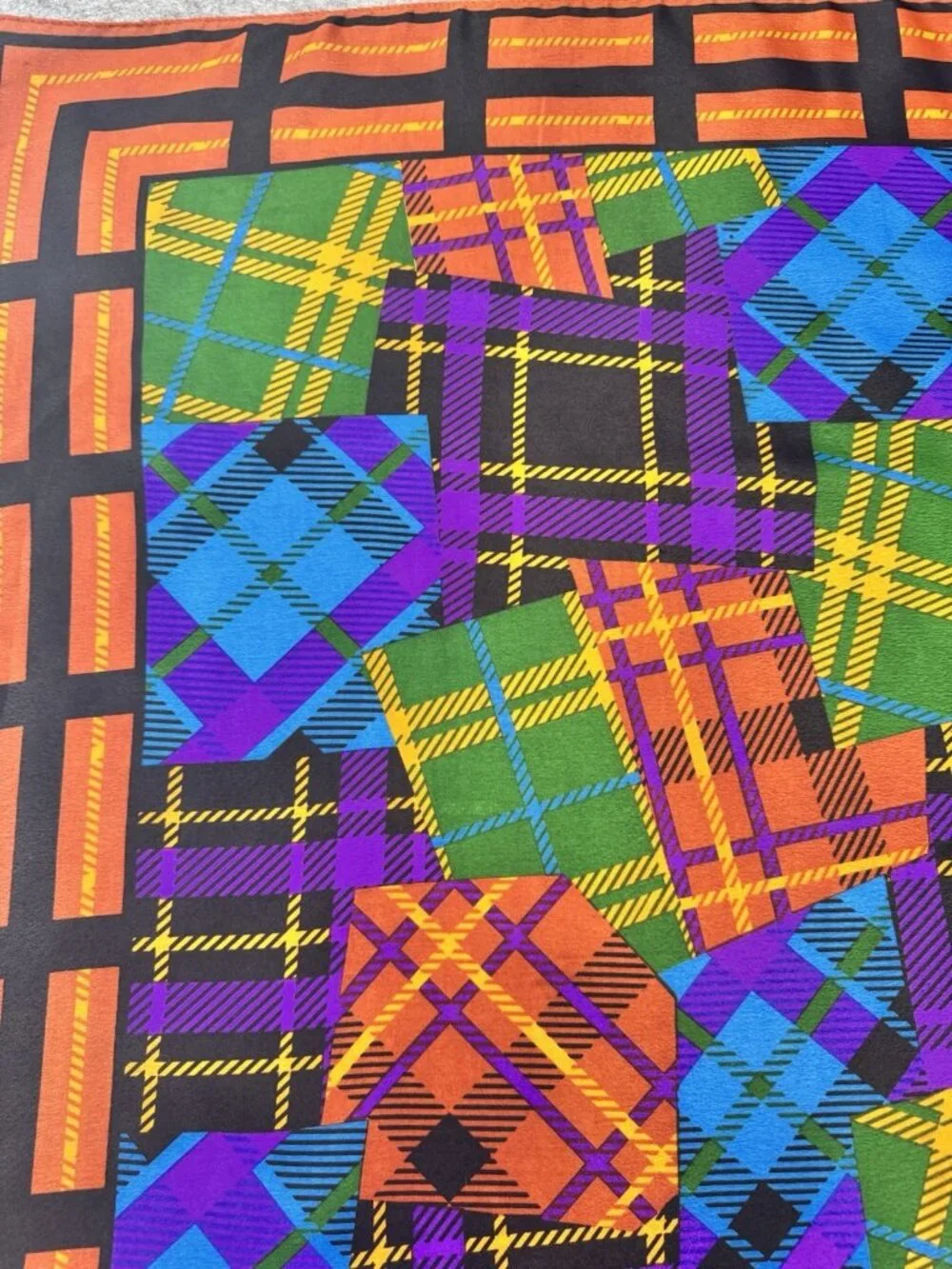 VTG Acute Scarf, Korea, 1980's, Vibrant Multi-Colored Patchwork Plaid 30
